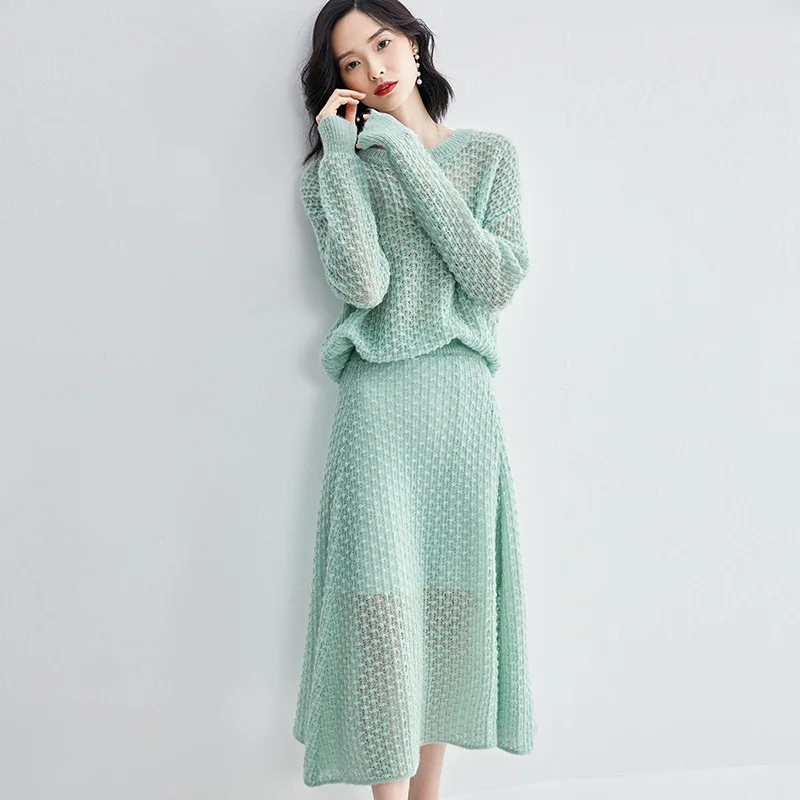 Spring New Suit Skirt A-line Dress Hollow Knitted Sweater Women's Two-piece Suit