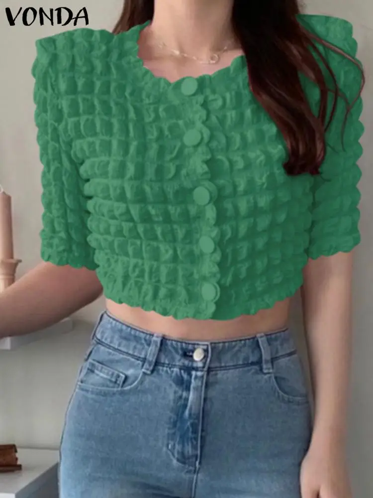 

Women Stylish Blouse VONDA 2022 Summer Elegant Half Sleeve Shirts Sexy Button Up Casual Solid Tunic Crop Tops Blusas Femininas