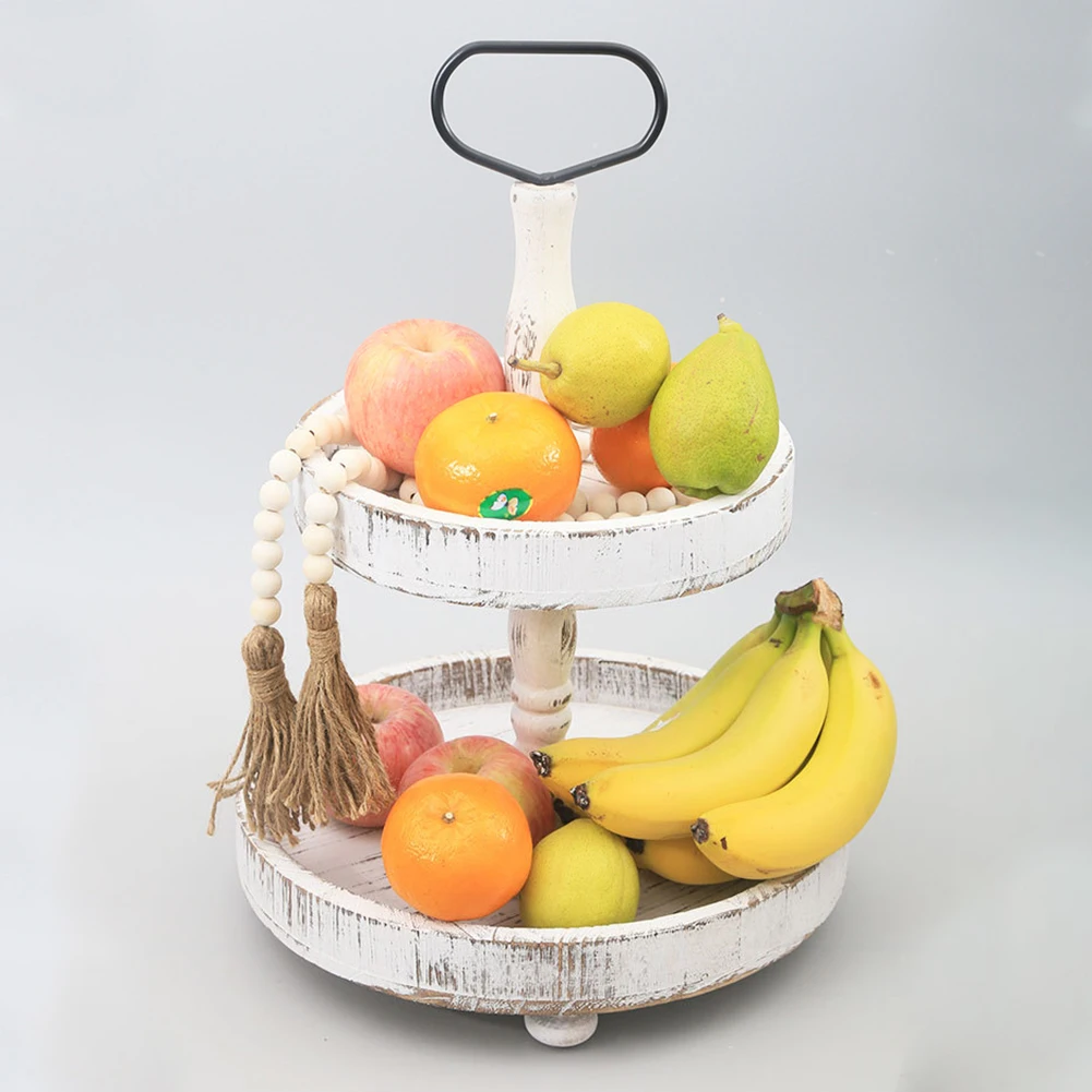 

Handmade 2 Tier Fruit Tray Farmhouse Round Stacked 360 Degree Serving With Metal Handles Wooden Cake Stand Coffee Bar Countertop