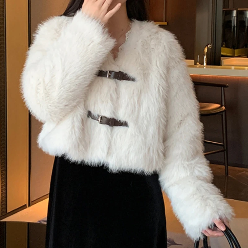 

Korean Fashion Fluffy Faux Fur Woman Single-breasted V Neck Long Sleeve Loose Coat Women Winter Sweet Top Female Dropshipping