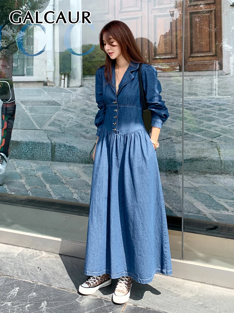 

GALCAUR Denim Slim Maxi Dresses For Women Notched Collar Long Sleeve High Waist Tunic Folds Temperament Dress Female Spring New