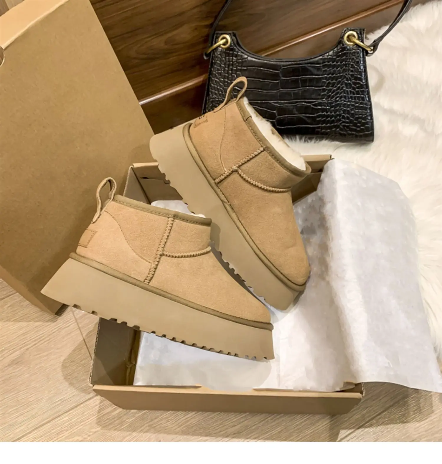 

Women's 5cm Platform Mini Boots Fur-Lined Winter Warm Ankle Snow Classic Ultra Comfortable Chesnut Shoes Booties For Woman