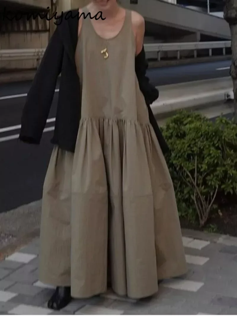 Японское платье в ленивом стиле женское летнее 2024 без рукавов с круглым вырезом