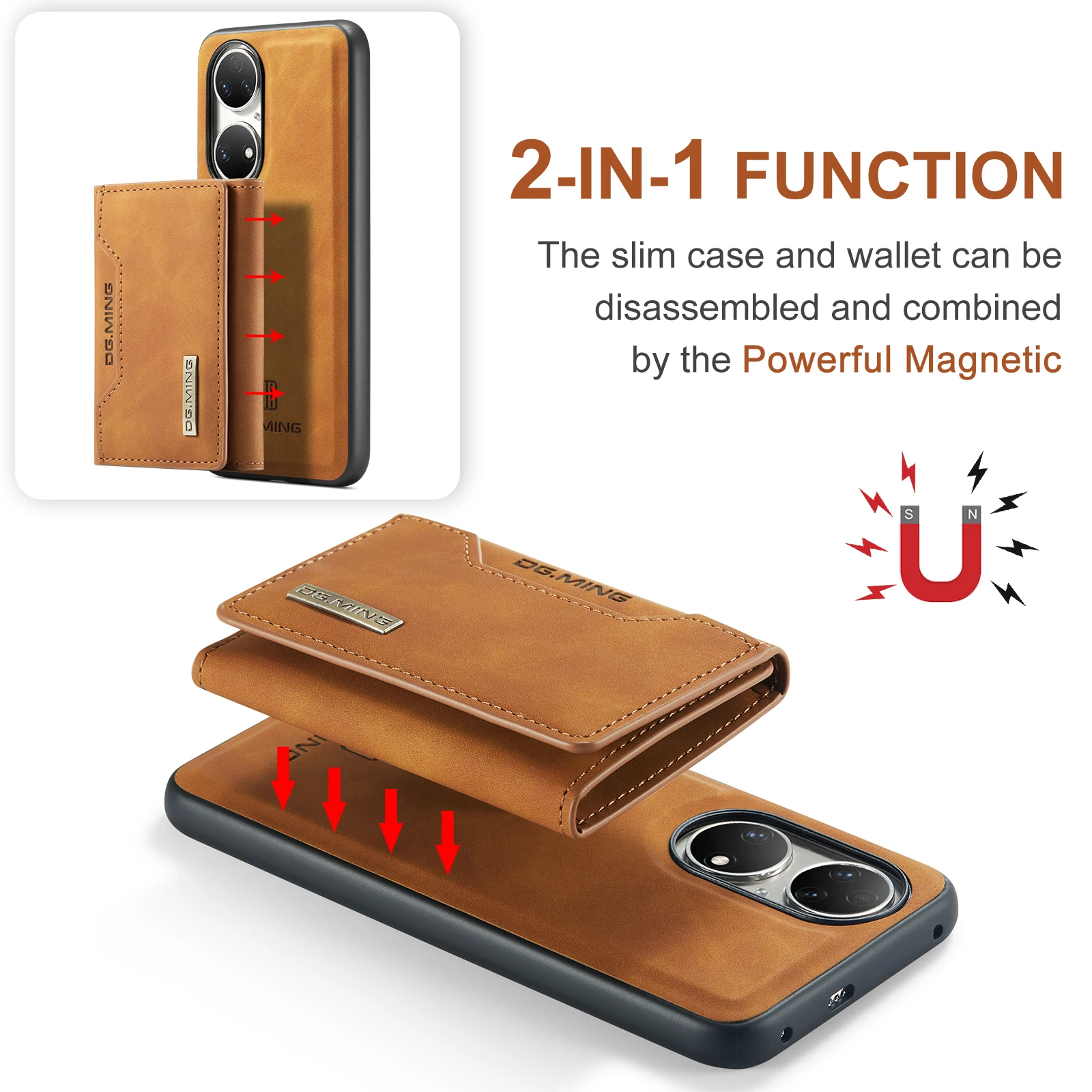 2in1 Luxury Flip Wallet Magnetic Separable Back Case PU Leather Card Slot Stand Phone Bags Cover For Huawei P50 Pro / P50