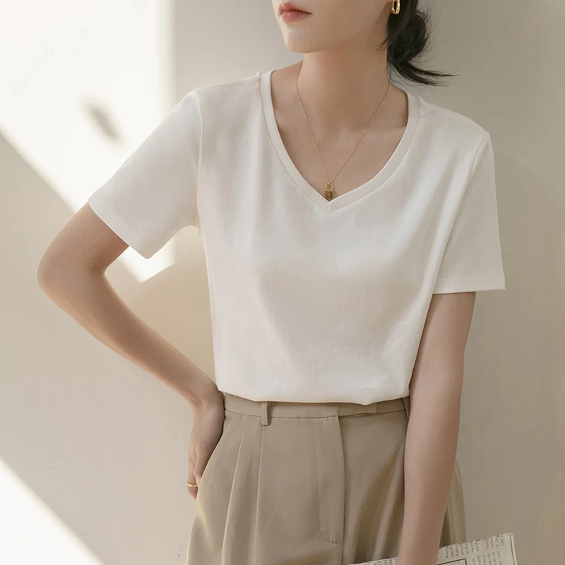 

summer white casual t shirt women short sleeve solid korean top loose v neck shirts