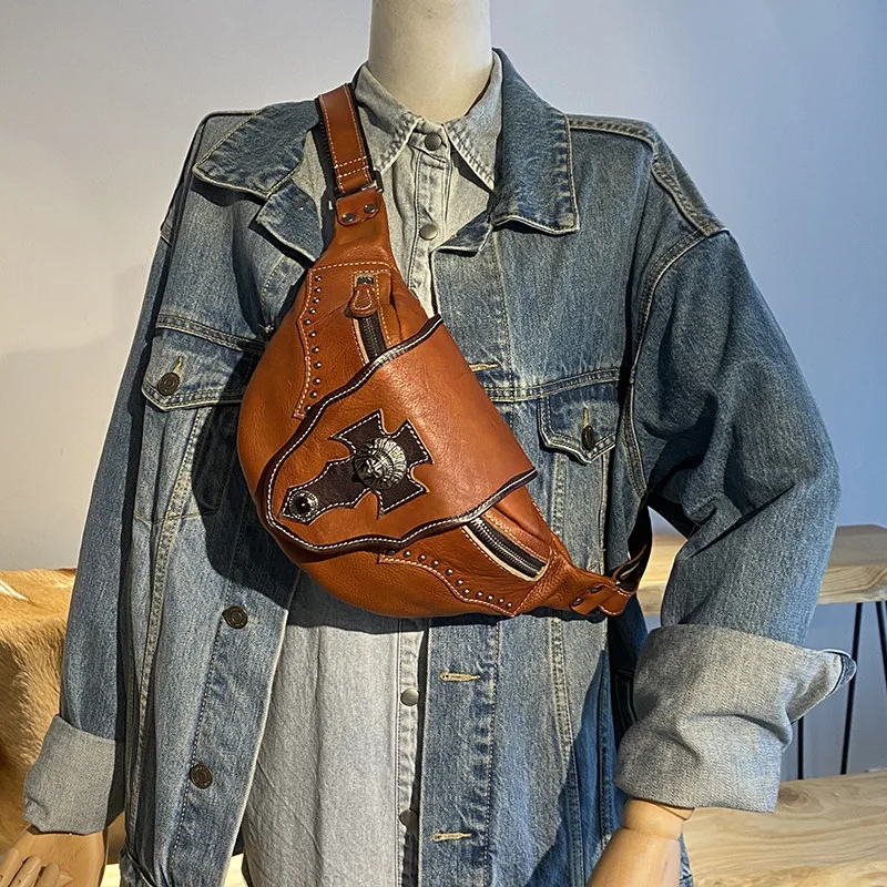 vintage designer organizer luxury genuine leather men's chest bag outdoor daily sports real cowhide teens crossbody bag Teens