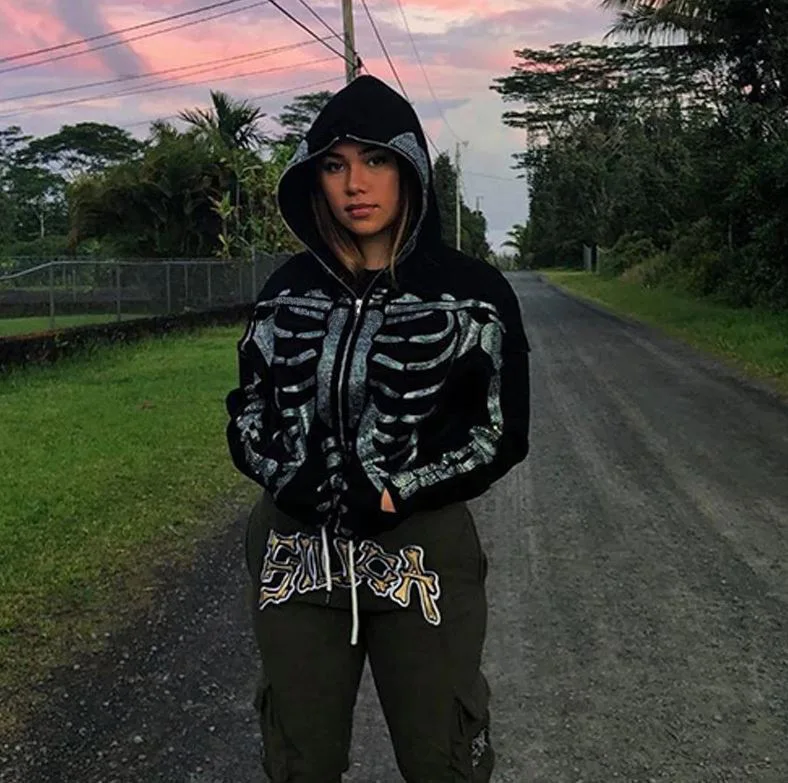 

Skeleton Oversized full zip up over face Diamond Rhinestone Hoodies Women Harajuku 2022 Graffiti Fleece Grunge Print Long Sleeve