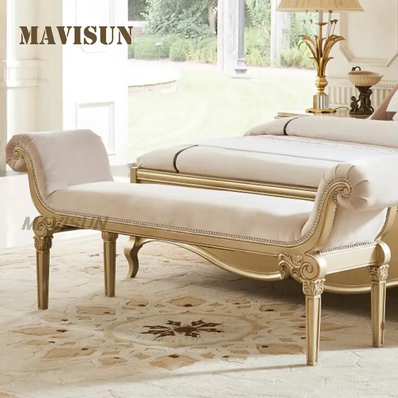 

Роскошный светлый стул в европейском стиле из массива дерева для кровати цвет шампанского золотистый стул для спальни с подлокотниками сту...