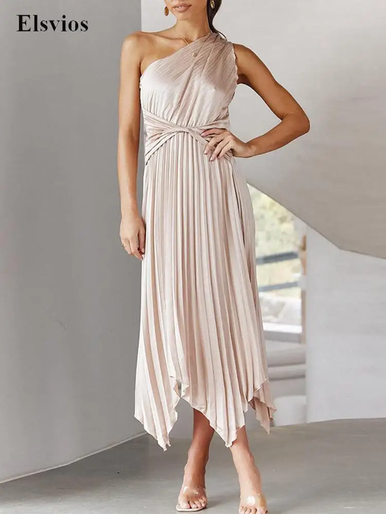 

Женское асимметричное длинное вечернее платье с завязками, однотонное модное свободное плиссированное платье в стиле бохо, женское элеган...