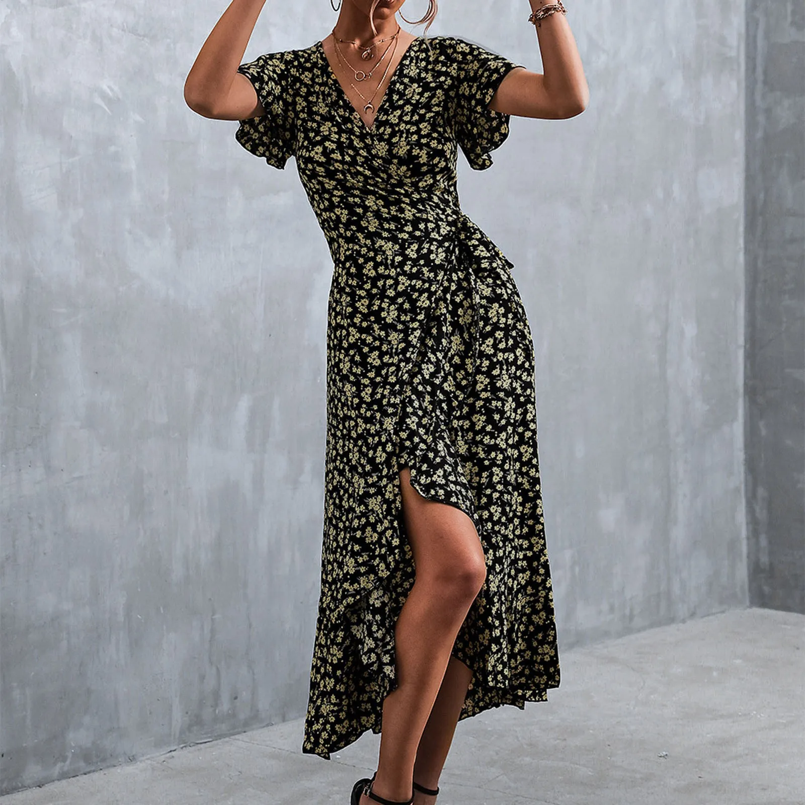 

Повседневные спортивные платья для женщин, летнее платье макси с V-образным вырезом и коротким рукавом, с запахом и поясом, повседневное дли...