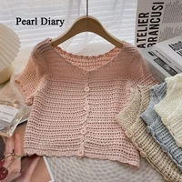 pearl diary women single breasted hollow out knitting cardigan summer have leisure thin top women sweet short sleeves t shirt