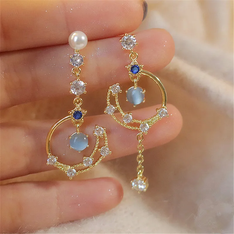 

Micro Pave Zircon Opal Circle AB Long Drop Earrings For Women Korean Style New Jewelry Wholesale