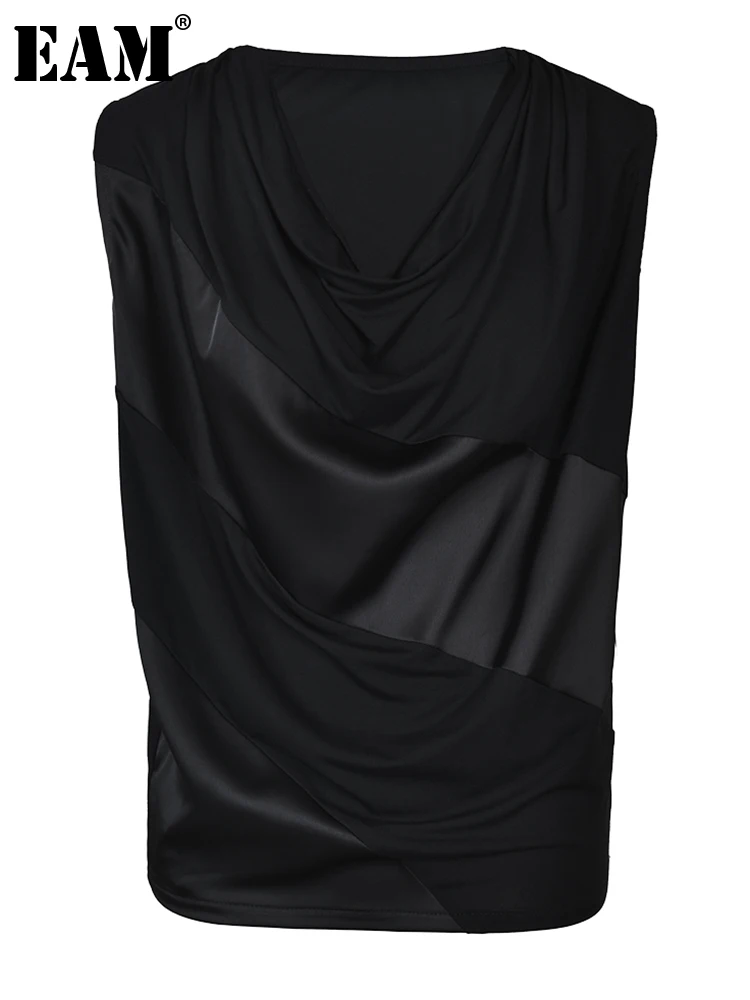 

[EAM] Women Black Pleated Elegant Color-block Tank Tops New V-collar Sleeveless Personality Fashion Spring Summer 2023 CP1105