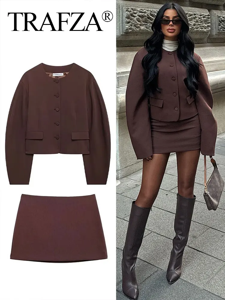 TRAFZA Женская мода Однотонный комплект из 2 предметов с круглым вырезом