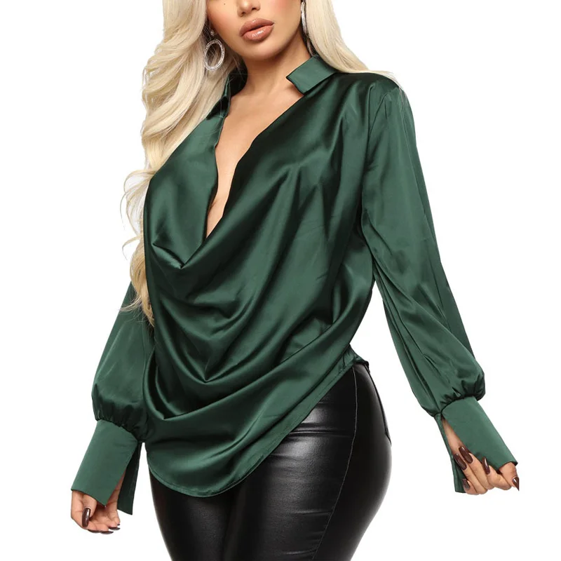 

Elegant Women Sexy Deep Cowl Neck Blouse Spring Autumn Green Black Long Sleeve Casual Plunge Long Sleeve Tops 2022