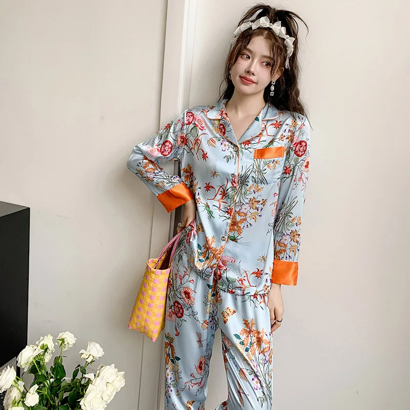 Silk Like Pajamas Set Women Autumn Sleepwear Floral Print Luxury Plaid Print Pijamas Female Set 2 Pieces Pyjamas Loungewear