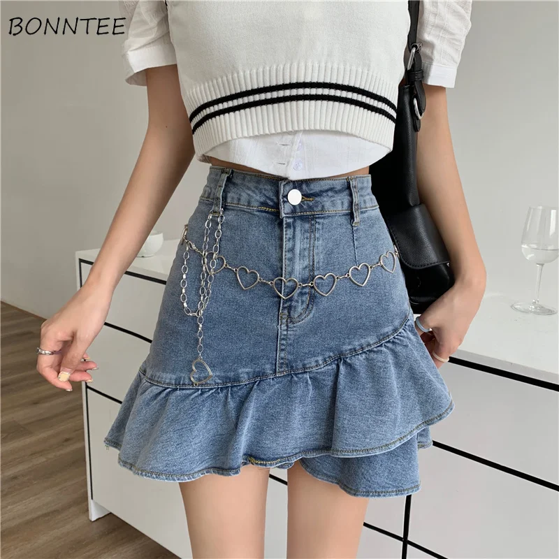 

Skirts Women Denim Mini Ruffles A-line High Waist Fashion All-match Sweet Street Wear Summer Harajuku Retro Casual New Arrival