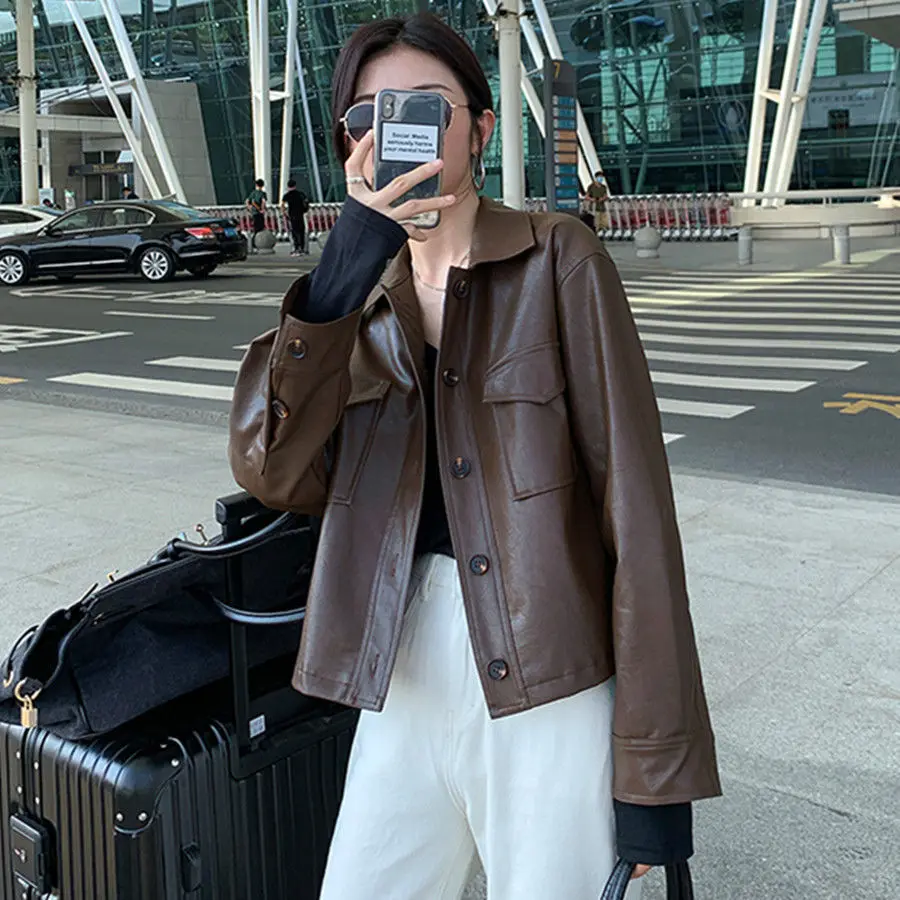 Women's Leather Jacket 2022 Spring  Autumn Motorcycle Jacket  Thick Students  Hotsweet  Single Breasted  Leather & Suede