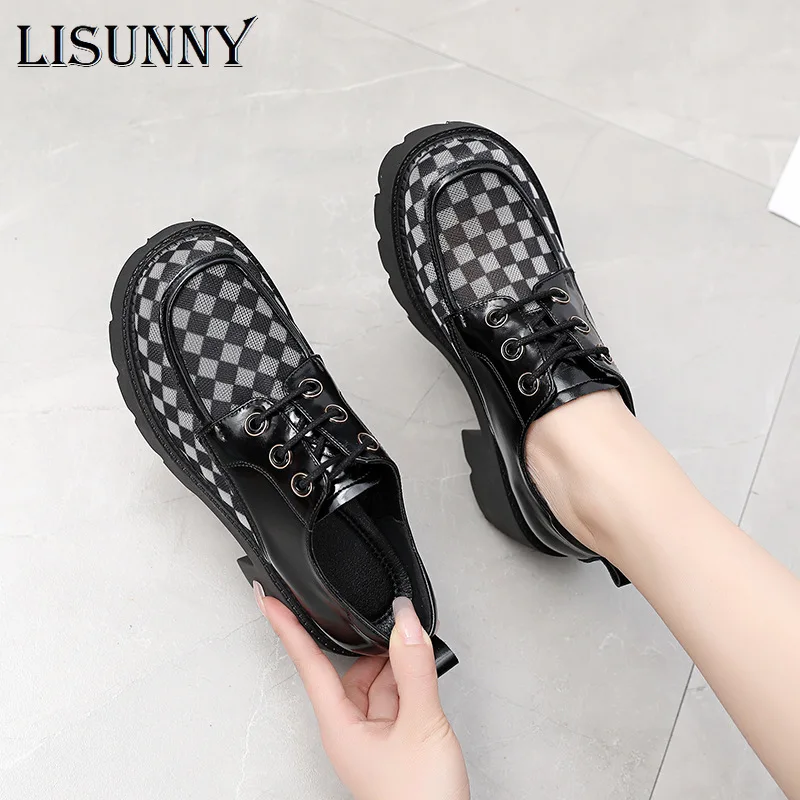 

Lisunny Large Size 43 42 High Heels 2021 Women Shoes Natural Genuine Leather Casual Shoes Female Spring Round Toe Platform Tie