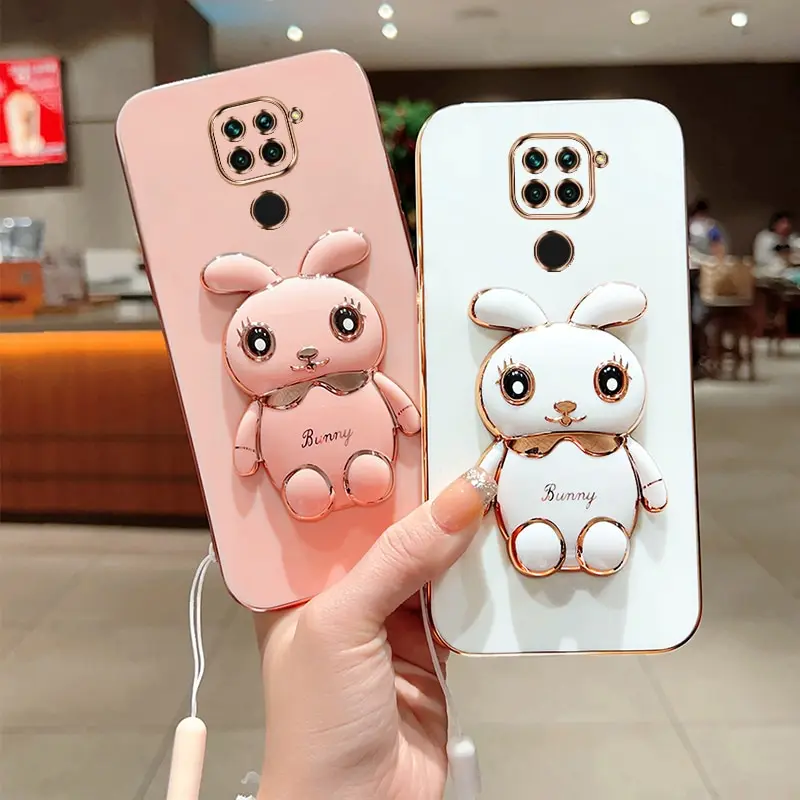 

Phone Case For Xiaomi Redmi Note 9 4G Luxury Plating Square Rabbit Holder With Landyard Case Cover