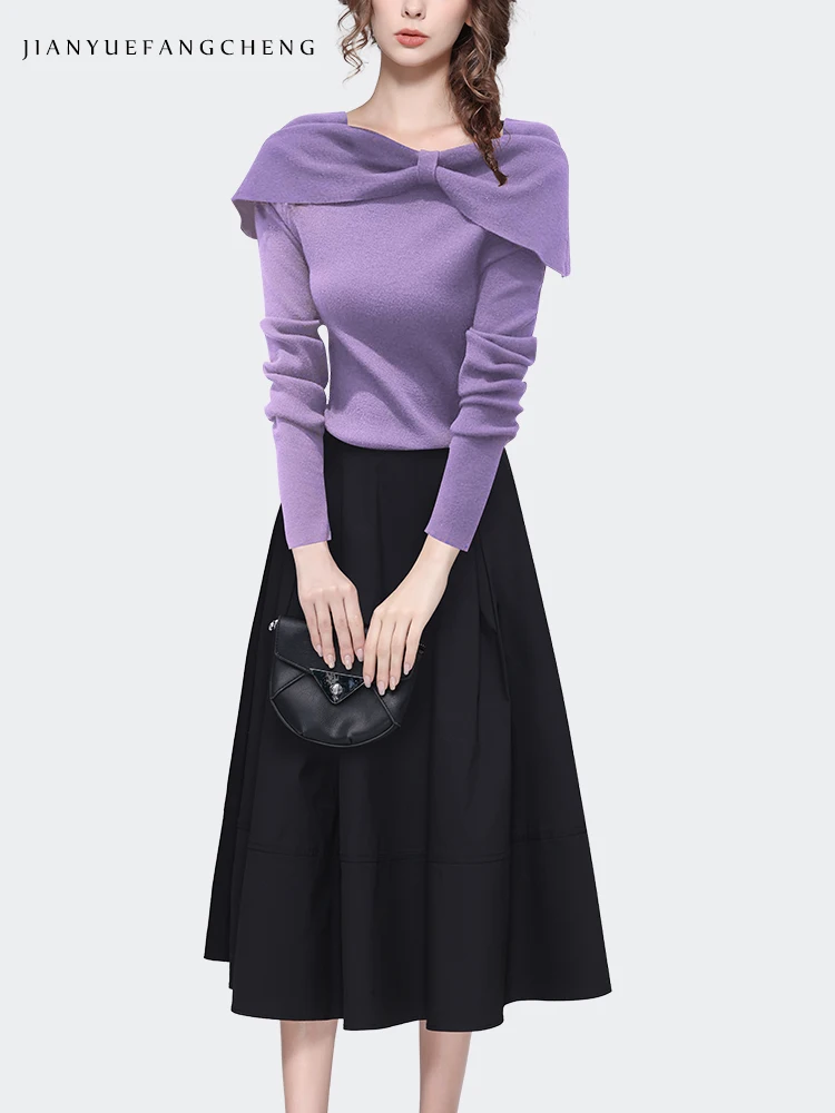 Милый женский свитер с воротником-лодочкой и бантом пикантные обтягивающие