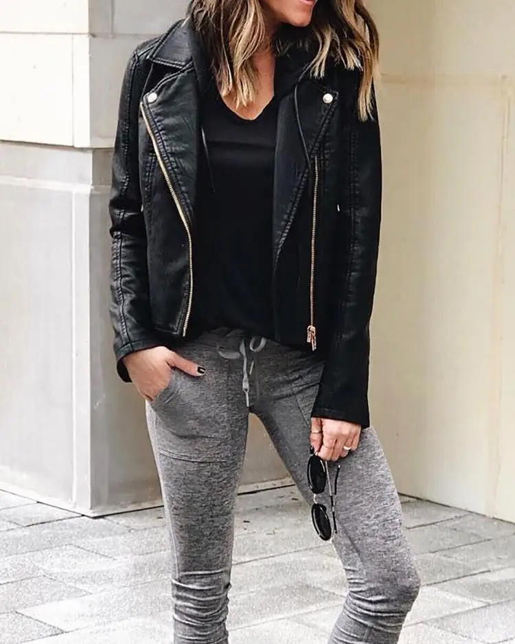 

2022 Spring Full Sleeve PU Jacket Turn Down Neck New Side Zipper Leather Suit Jacket Spot Women Solid Color Slim Short