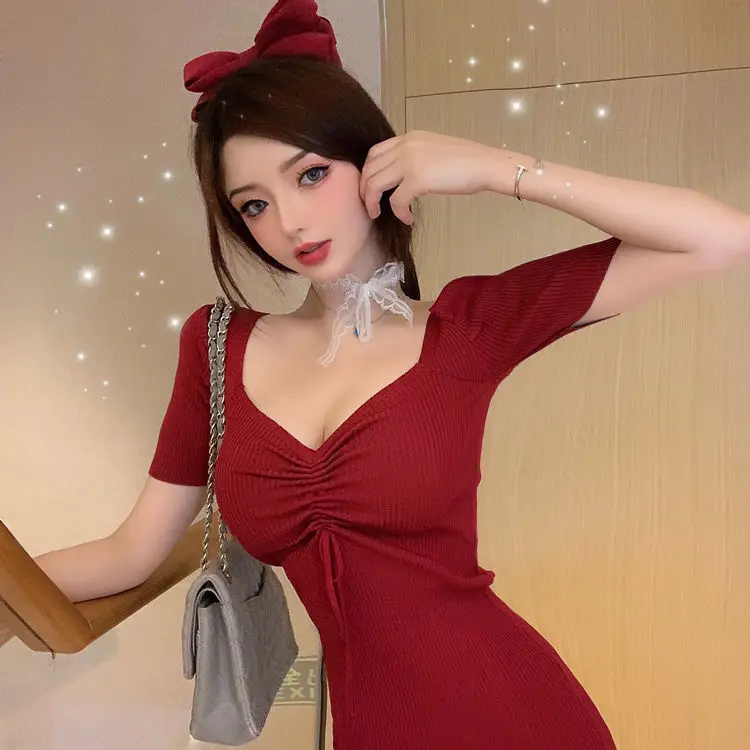 

South Korea's sexy drawstring v-necked short-sleeved Sheath dress summer's new slimming waist and hip skirt Black
