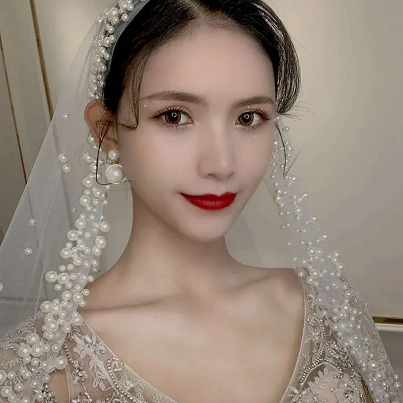 

Simple and Sweet Pearl Wedding Bride Hair Accessories Beautiful Tail Styling Long Veil