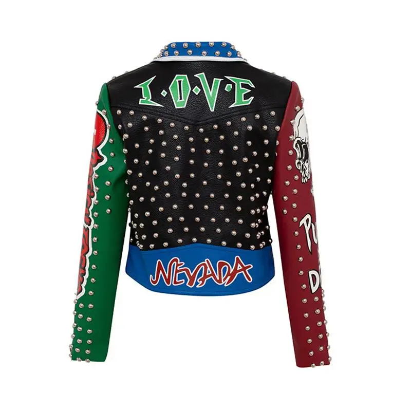 Women's spring and autumn new street motorcycle punk performance hip-hoppattern graffitiprint rivet leather jacket foreign trade