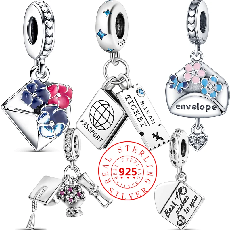 

New 925 Sterling Silver Flowers Envelope Postcard Passport Pendant Shiny Beads Fit Original Pandora Charms Bracelet Fine Jewelry