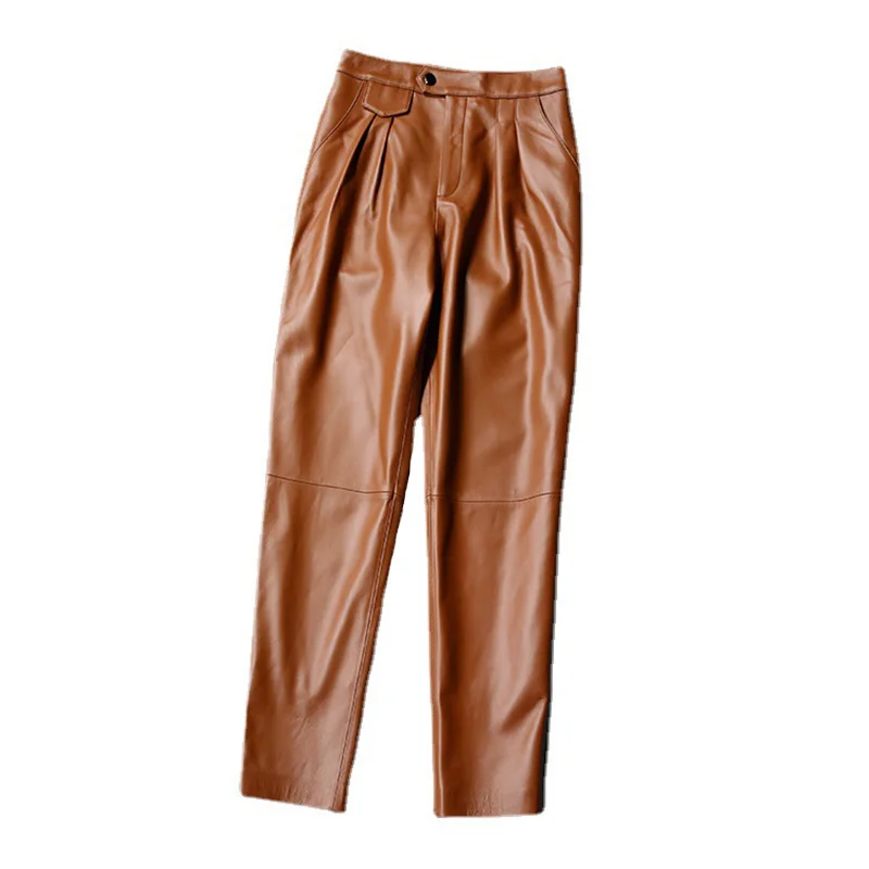 Women's Genuine Leather Pants Sheepskin Trousers High Waist Elastic Pocket Harem Pants Streetwear TF8288