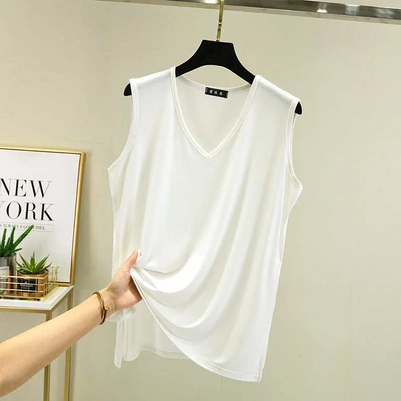 Summer Modal Tank Tops Women V-Neck Sleeveless Tshirt Loose Casual Basic Tee Tops Plus size Bottoming Shirt images - 6