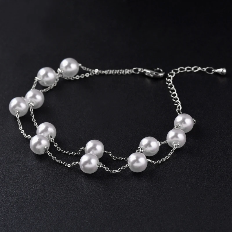 

KIOOZOL Elegant Double Layers Pearl Chain Bracelet For Women Rose Gold Silver Color Wedding jewelry 2022 Accessories 061 KO1