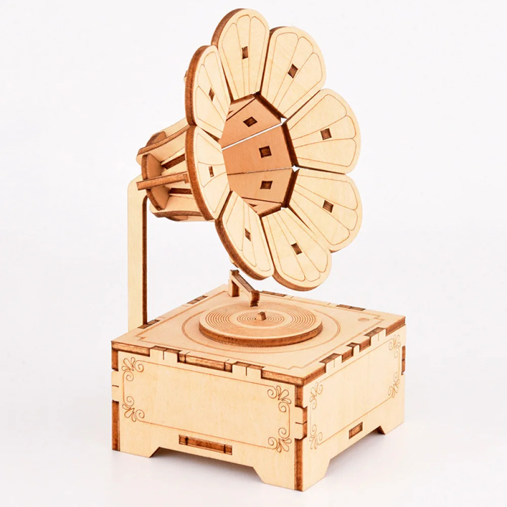 

Trumpet Phonograph Music Boxes 3d Jigsaw Puzzle Clockwork Building Toys DIY Educational Wooden Musical Birthday Gift Home Decor