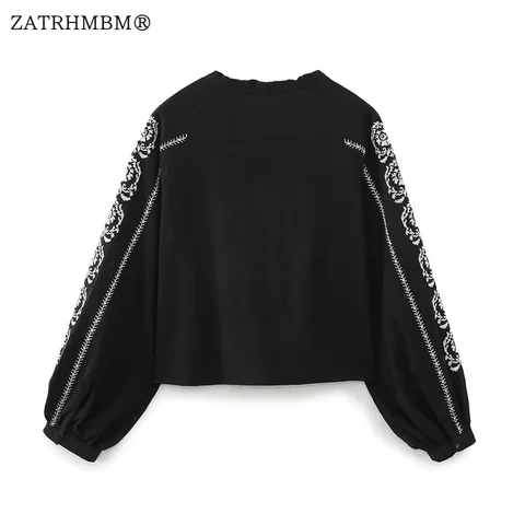 ZATRHMBM Women 2023 New Fashion Black Embroidered Blouse Vintage V-Neck Long Sleeve Elegant Female Shirts Blusas Chic Tops
