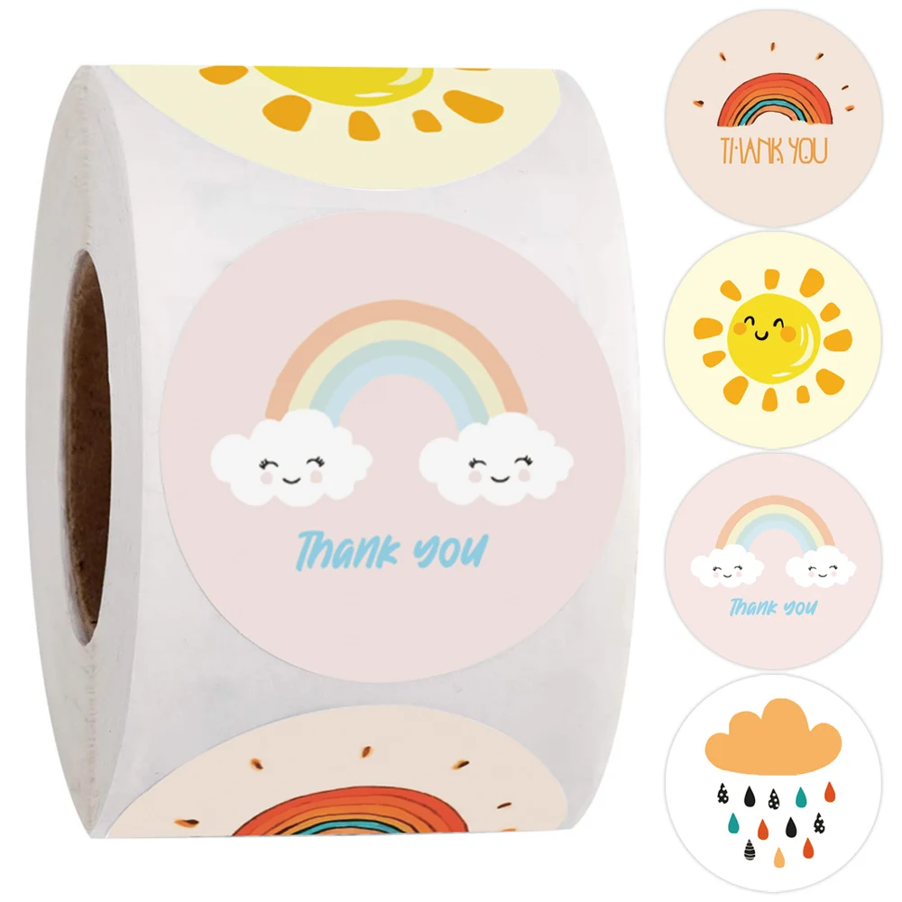 

500Pcs Thank You Stickers Round Cartoon Cute Sun Rainbow Clouds Sticker For Handmade Gift Decor Labels Kids Reward Stickers