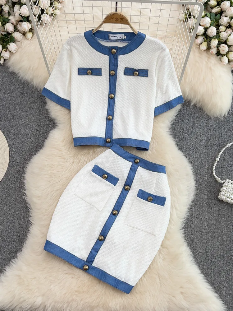 

High Quality Small Fragrance Two Piece Set Women Short Jacket Coat & Skirt Sets Korean Fashion Casual Summer 2 Piece Suits