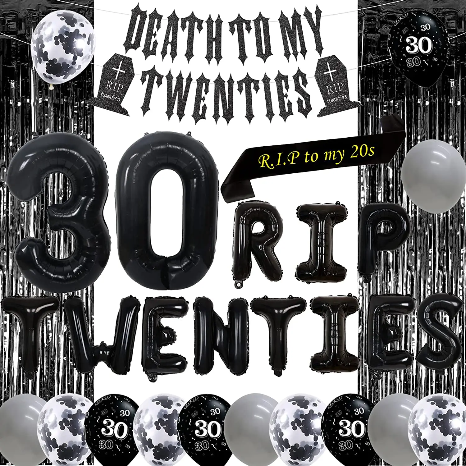

30th Birthday Decorations Death To My Twenties Banner Rip To My 20s Sash Black Rip Twenties Balloon for Thirty Birthday Party