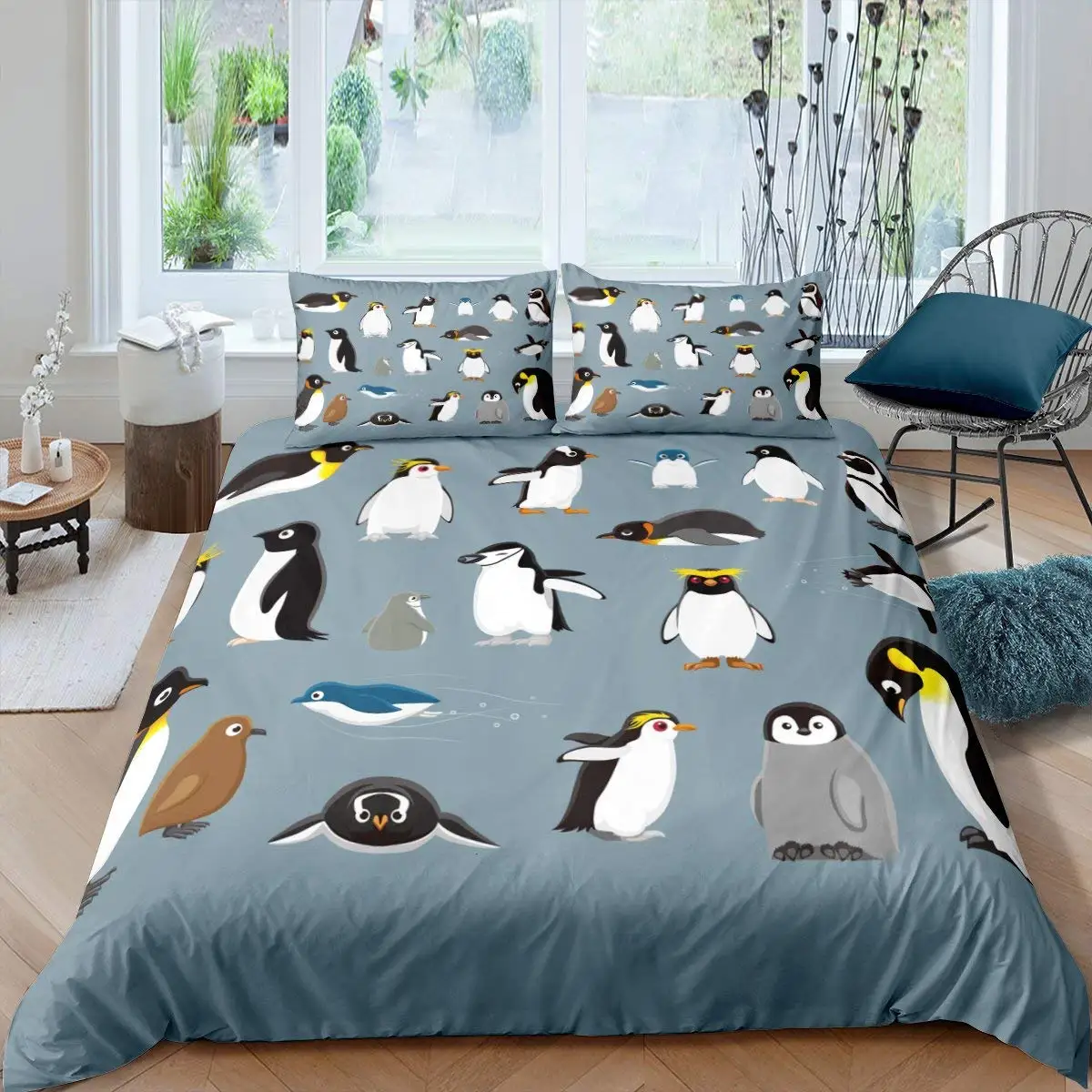 

Cartoon Antarctic Animal Penguin Duvet Cover King/Queen Size Comforter Cover for Kids Boys White 2/3pcs Polyester Quilt Cover