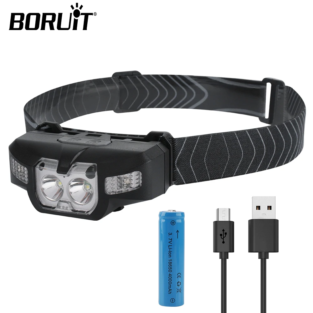 BORUiT B30 2*XP-G2+2*3030 Red LED Mini Headlamp IR Motion Sensor 5-Mode Headlight Rechargeable Waterproof Head Torch for Hunting