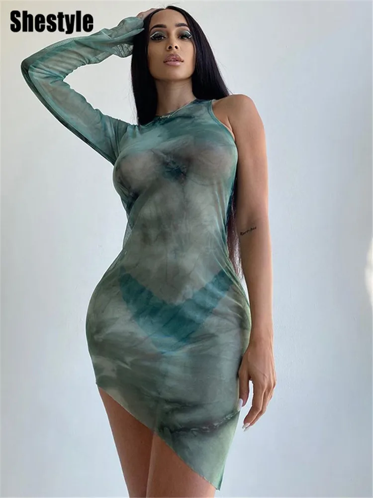 

Shestyle Sexy Dress Women One Shoulder Slanted Mesh See Through Asymmetrical Tie Dye Print Perspective Vestido Mopping New