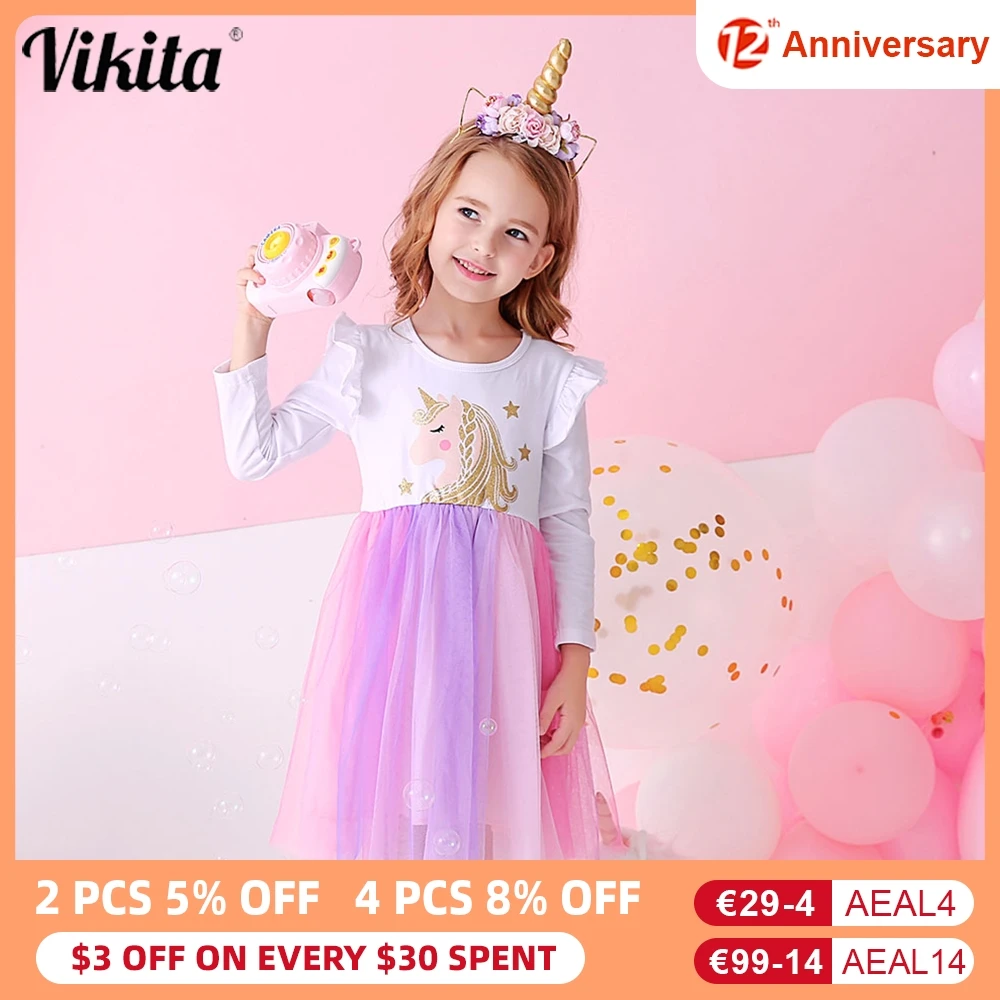 

VIKITA Girls Unicorn Dress Children Wedding Party Princess Dress Kids Clothes Long Sleeves Dresses Children Tutu Vestidos