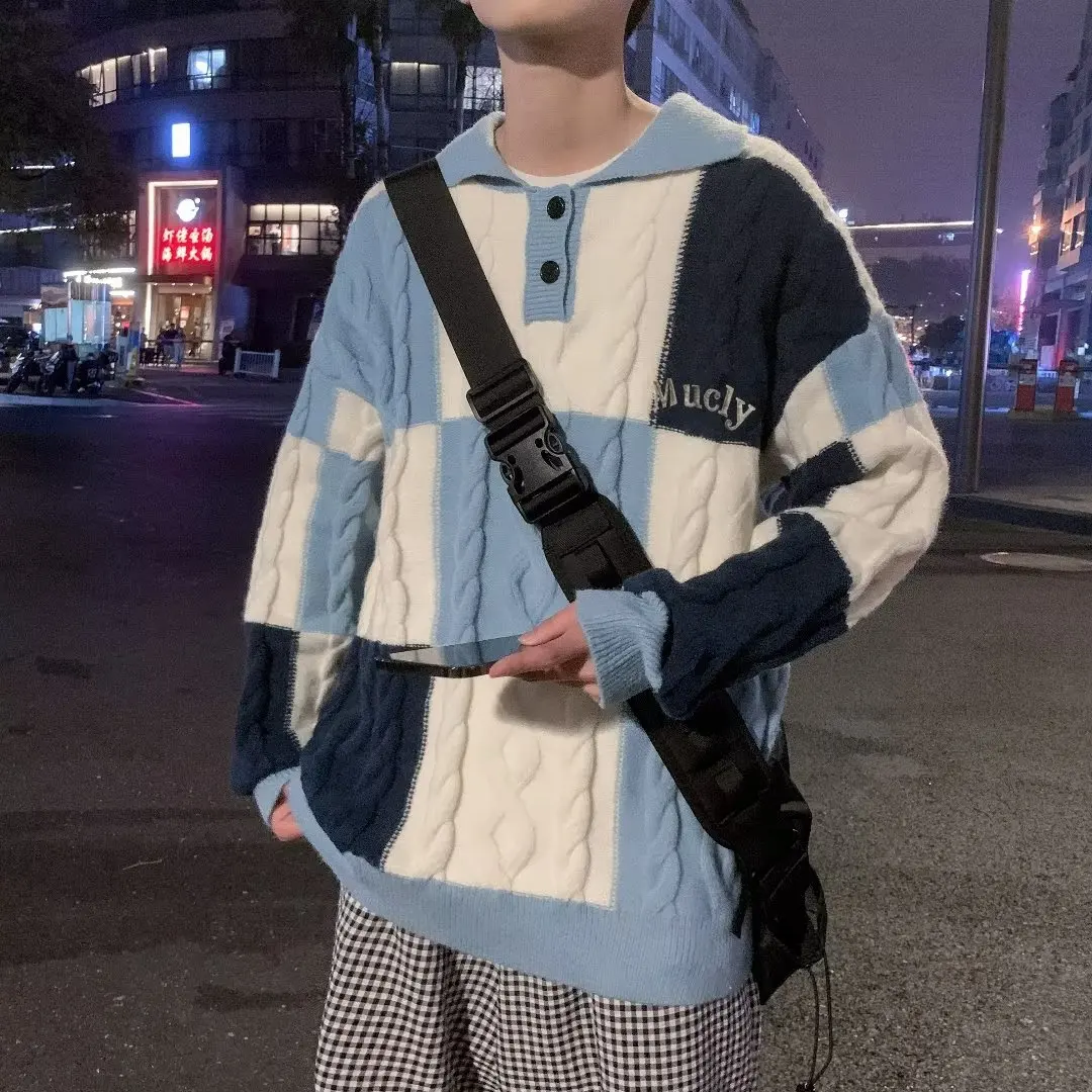 Свитера мужские молодежные жизненные повседневные осенне-зимние клетчатые