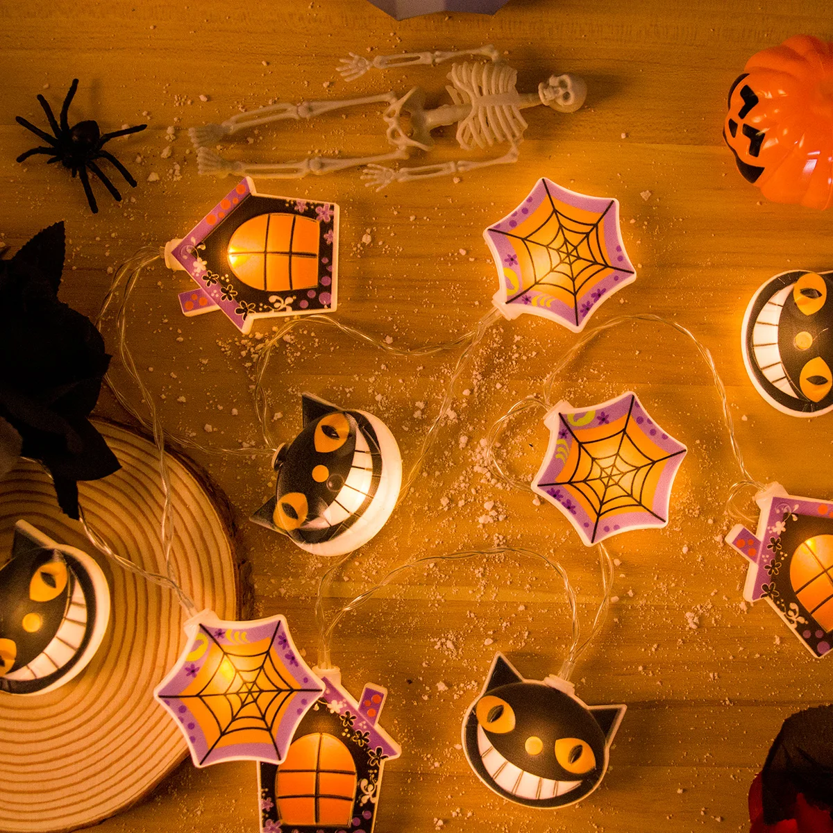 

1,5 м, 10 светодиодных лент для Хэллоуина, Искусственная черная кошка, паук, веб-тыква, искусственное украшение на Хэллоуин, 2023 трюков или лакомств