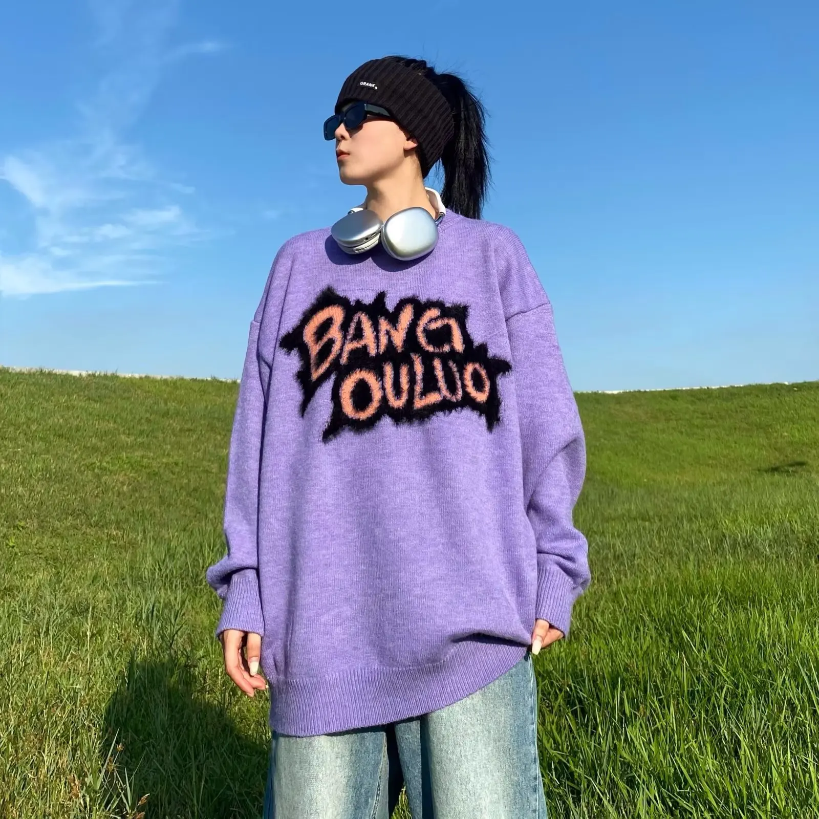 

Vintage Soft Purple Men Sweater Autumn Winter Loose Letters Embroidered Thick Knit Jacket Women Sweater Lovers Y2K