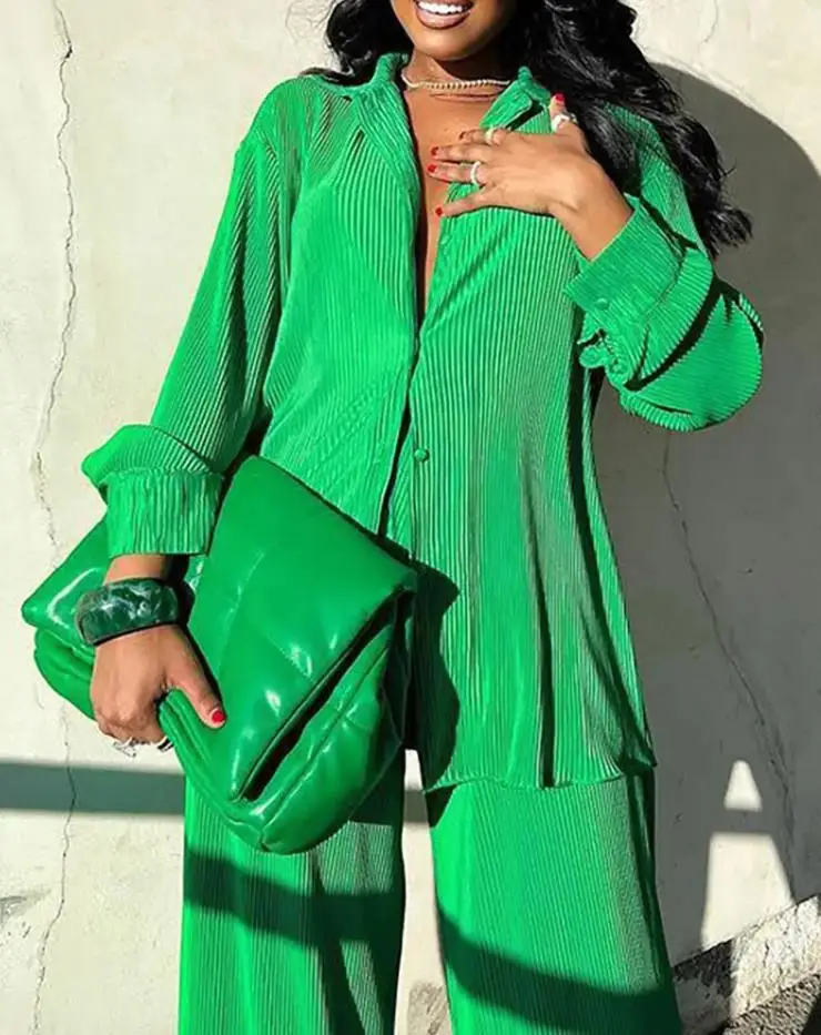 

Two Piece Sets Womens Outifits Pastel Button Front Turn-Down Collar Long Sleeve Top & Plain Wide Leg Long Pants 2022 Autumn