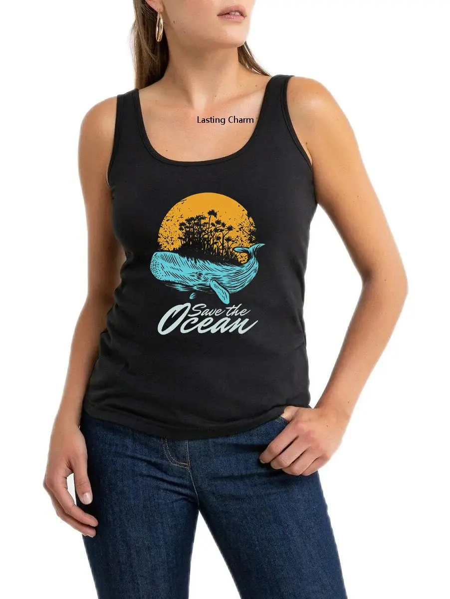 

Ocean Day Whale Pattern Marine Aquatic Animals Save The Ocean Print Tank Top Women's Yoga Sports Workout Sleeveless Tops