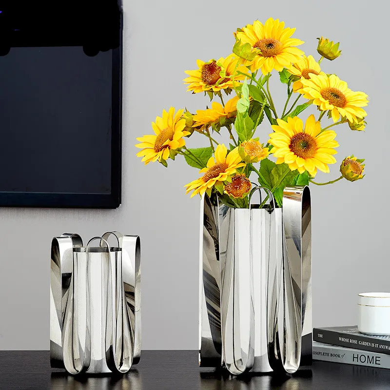 

Light Luxury Gold Silver Stainless Steel Vase Wave Curved Vase Living Room Decoration Table Flower Arrangement Home Decoration