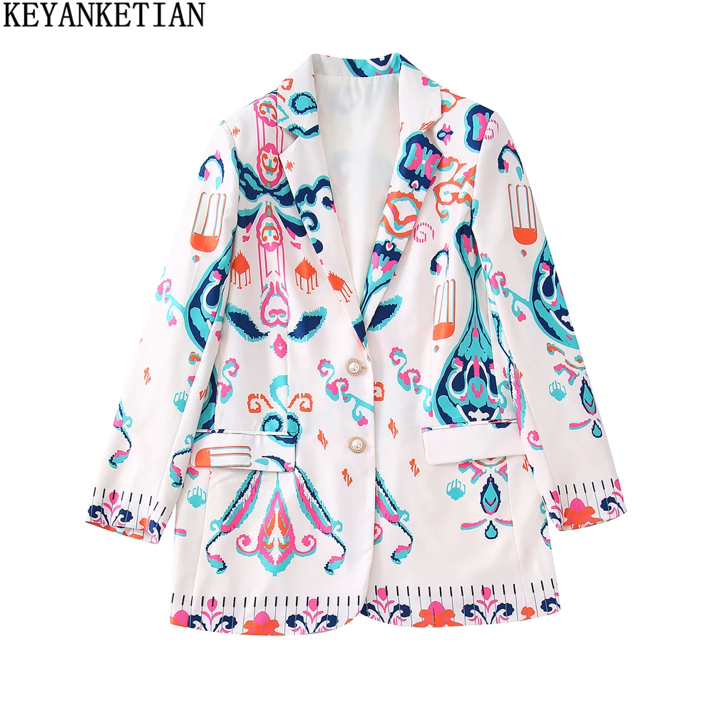 

KEYANKETIAN Women's Color Hand Painted Print Suit 2022 New Commuter Style Pearl Single Breasted Fashion Women's Jacket Top