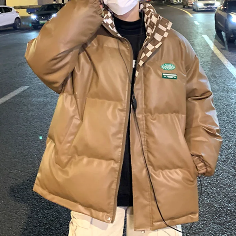 

Fashion Brand Stand Collar Male Unisex Winter Jackets PU Leather Korean Version Thicken Cotton Padded Coat Plaid Men's Parkas